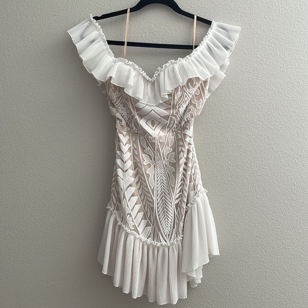 White/nude off the shoulder mini dress